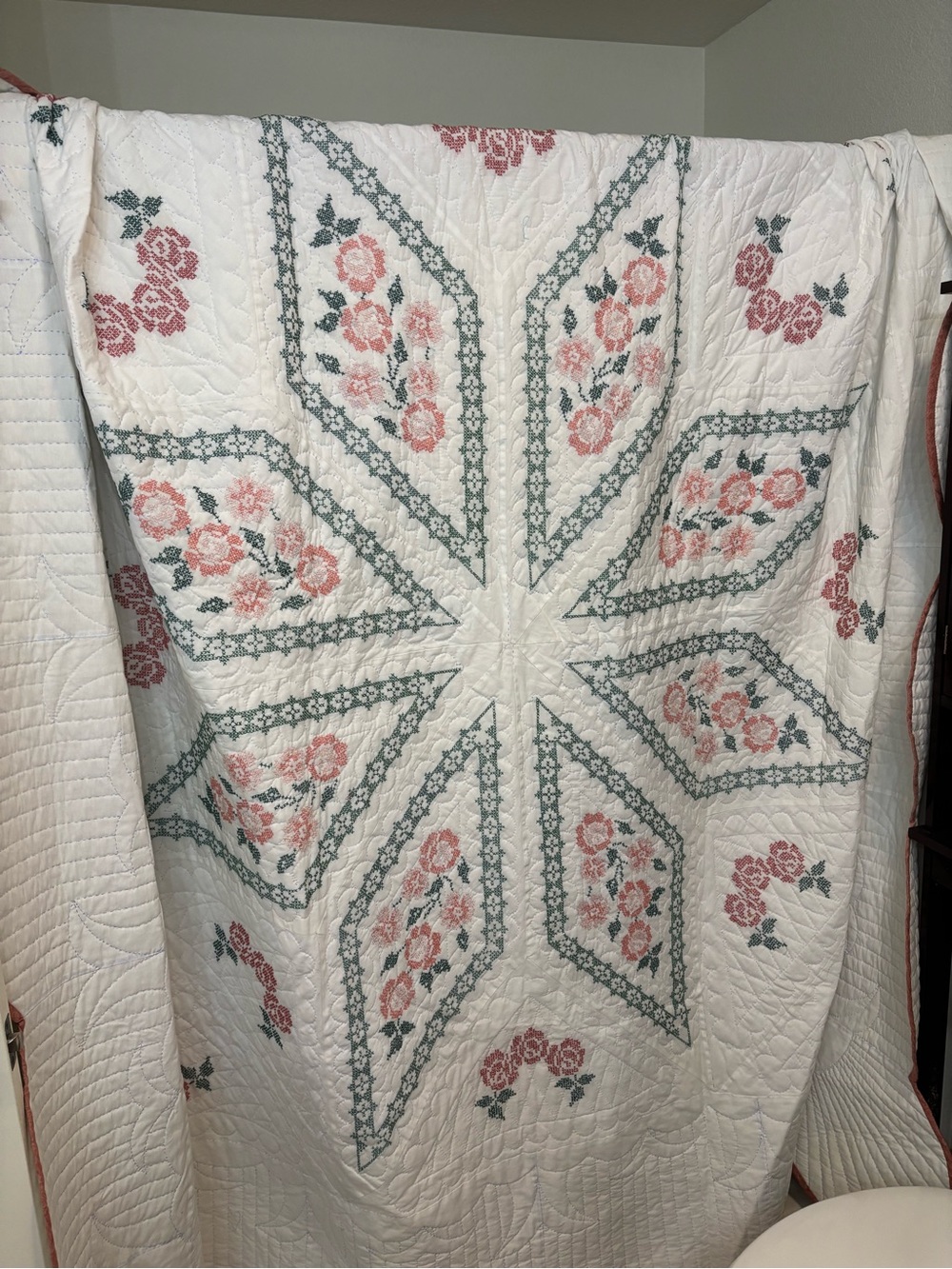 Handmade White Floral cross stitch queen size quilt with Pink Roses & Green Acce